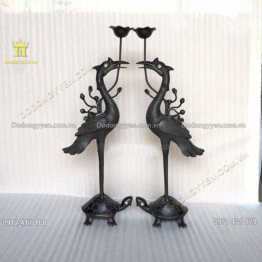 Đ&ocirc;i hạc thờ bằng đồng v&agrave;ng hun m&agrave;u đen cổ k&iacute;nh